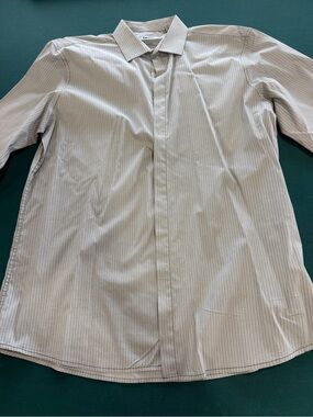 DKNY Men's Tan Pinstripe Dress Shirt with Concealed Placket
